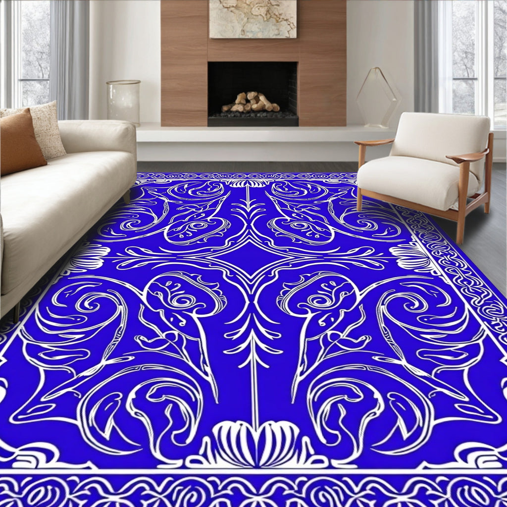 Elegant Blue White Floral Scroll Border Rug