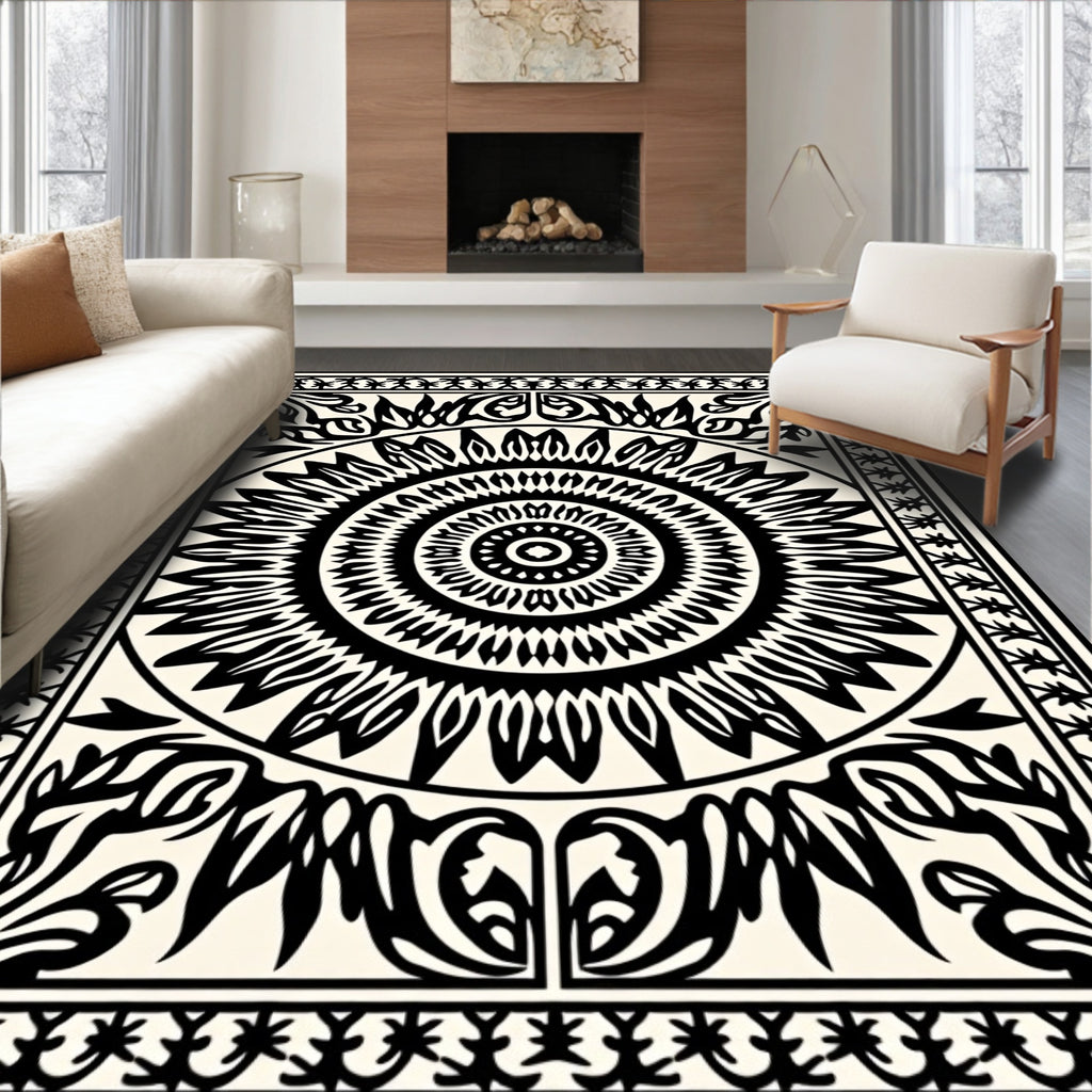Ornate Sunburst Mandala Black and White Design Rug