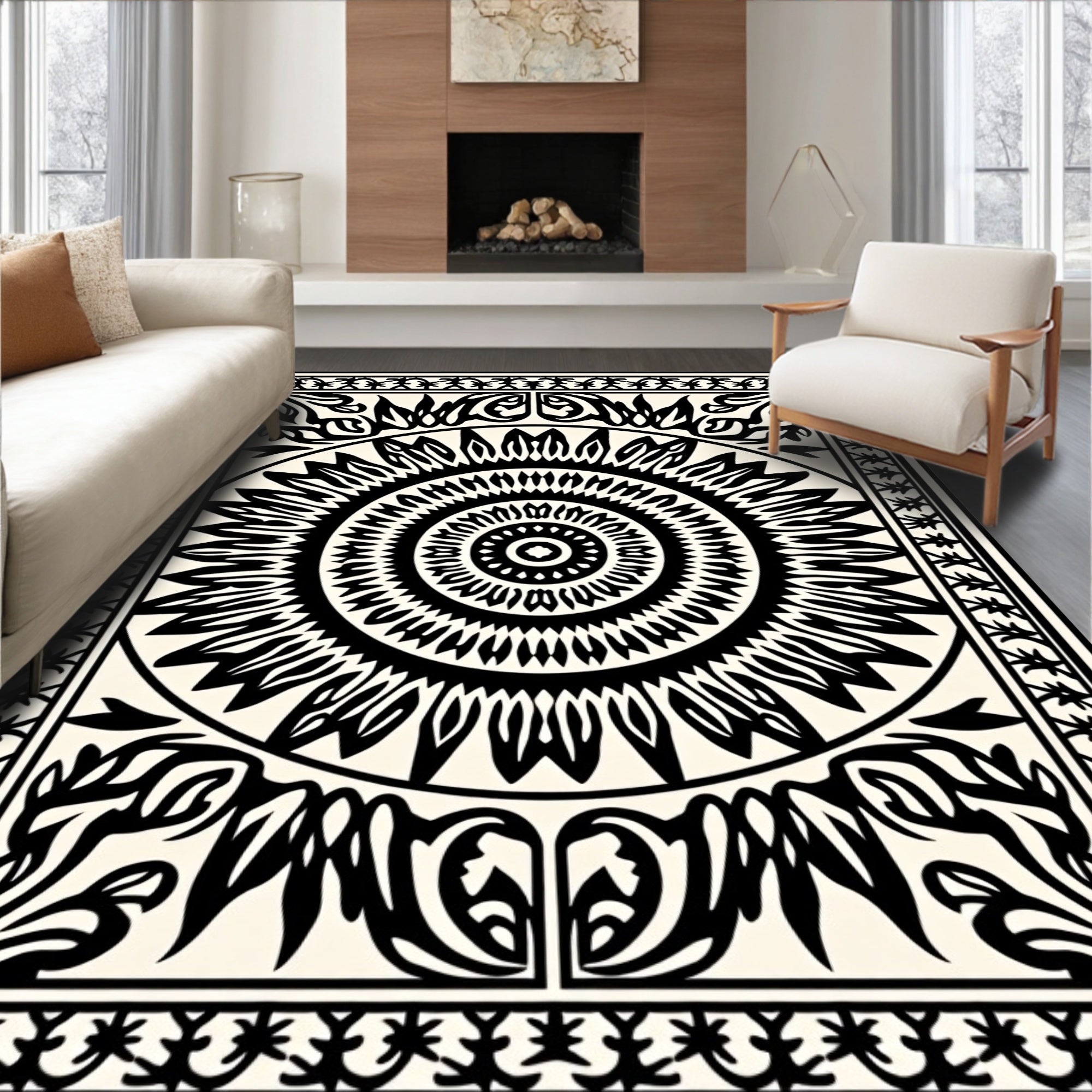 Ornate Sunburst Mandala Black and White Design Rug