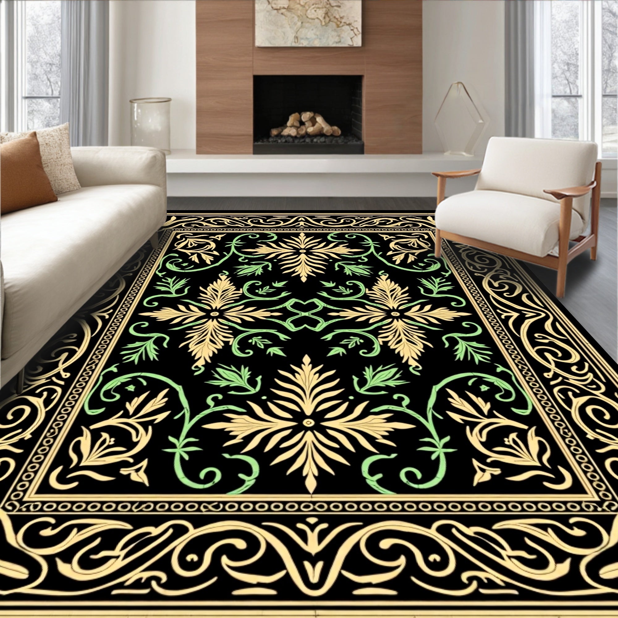 Elaborate Black Floral Medallion Rug