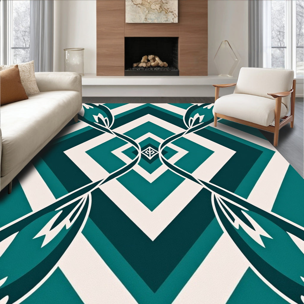 Teal Geometric Floral Diamond Pattern Rug
