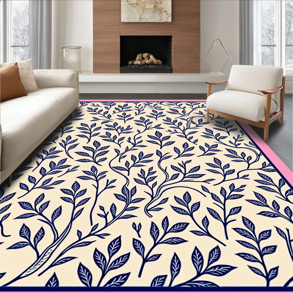 Navy Blue Leafy Branches Pattern Rug