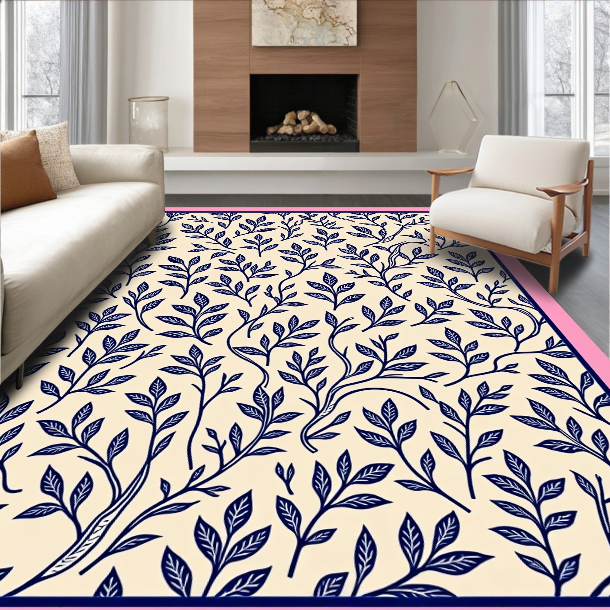 Navy Blue Leafy Branches Pattern Rug