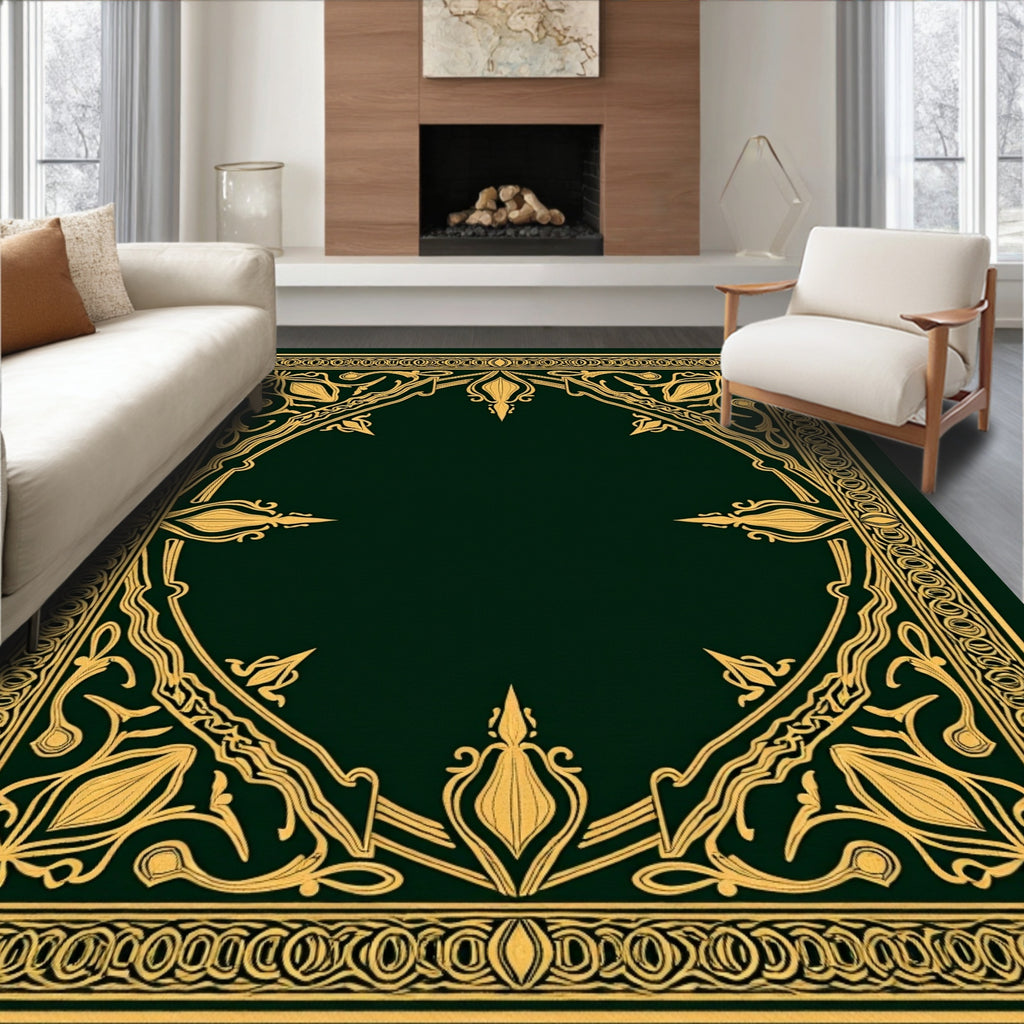 Elegant Gold Floral Motif Border Rug
