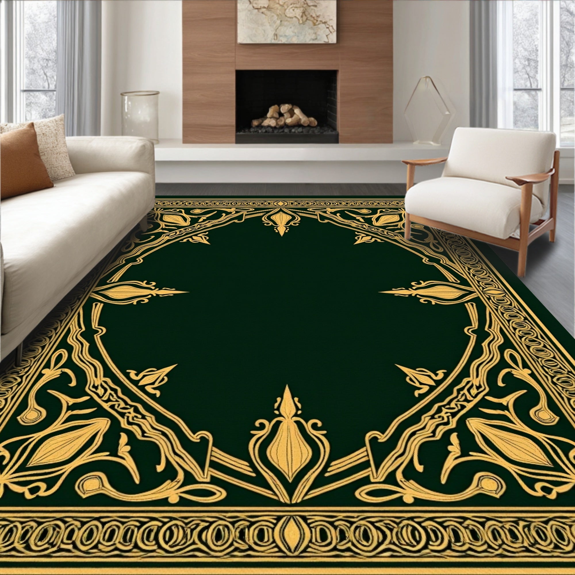 Elegant Gold Floral Motif Border Rug