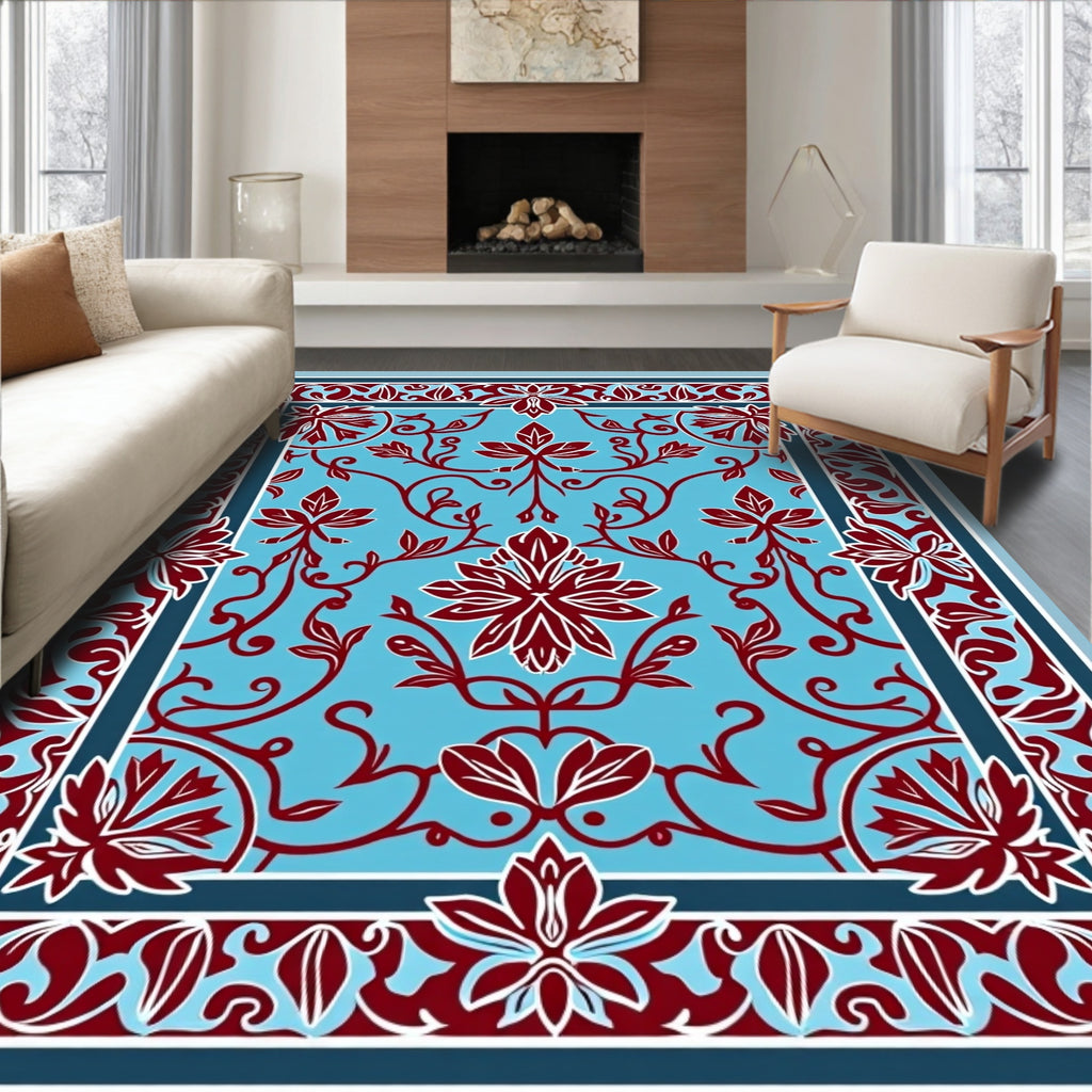 Crimson Floral Vines On Sky Blue Rug