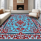 Crimson Floral Vines On Sky Blue Rug