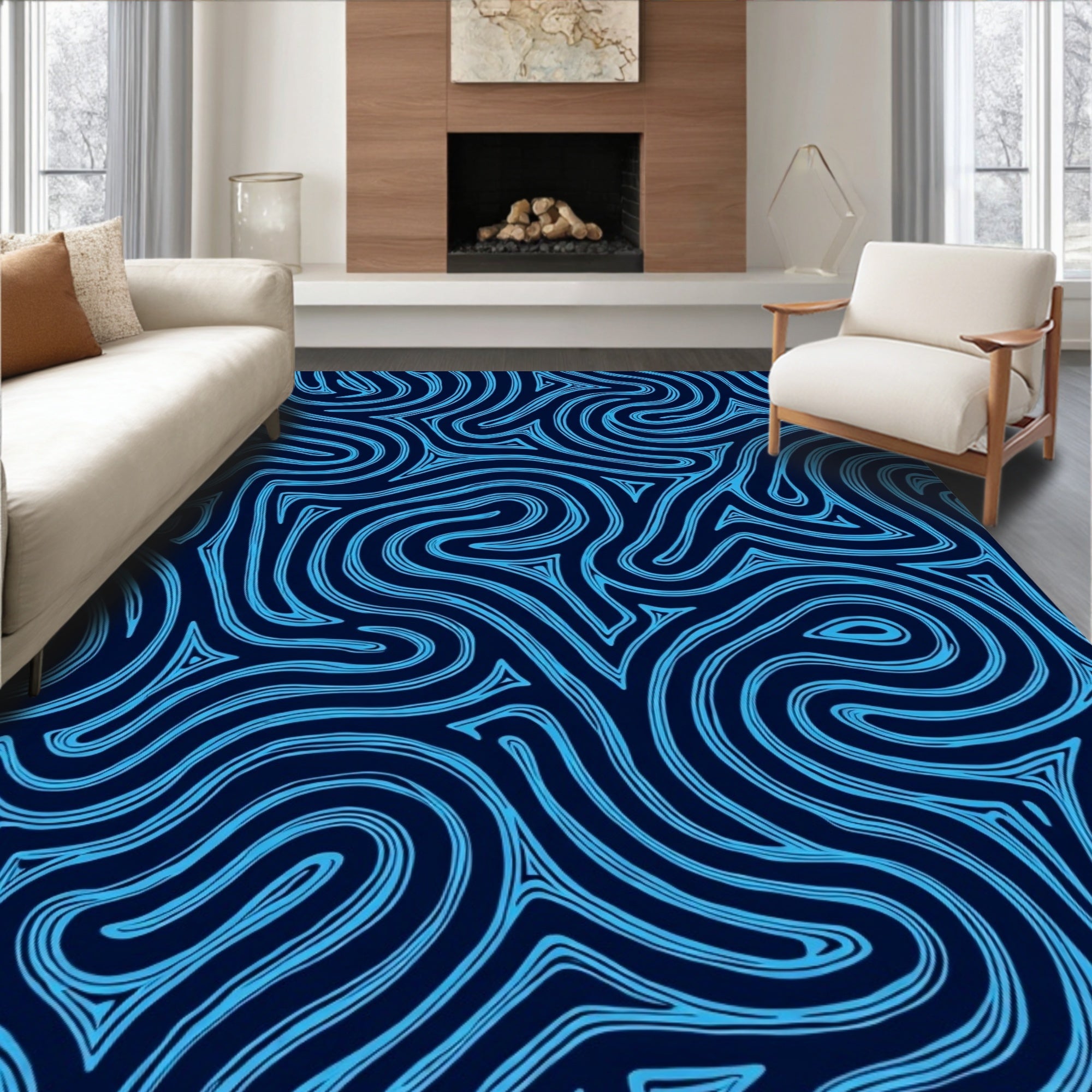 Abstract Blue Swirls Pattern Rug