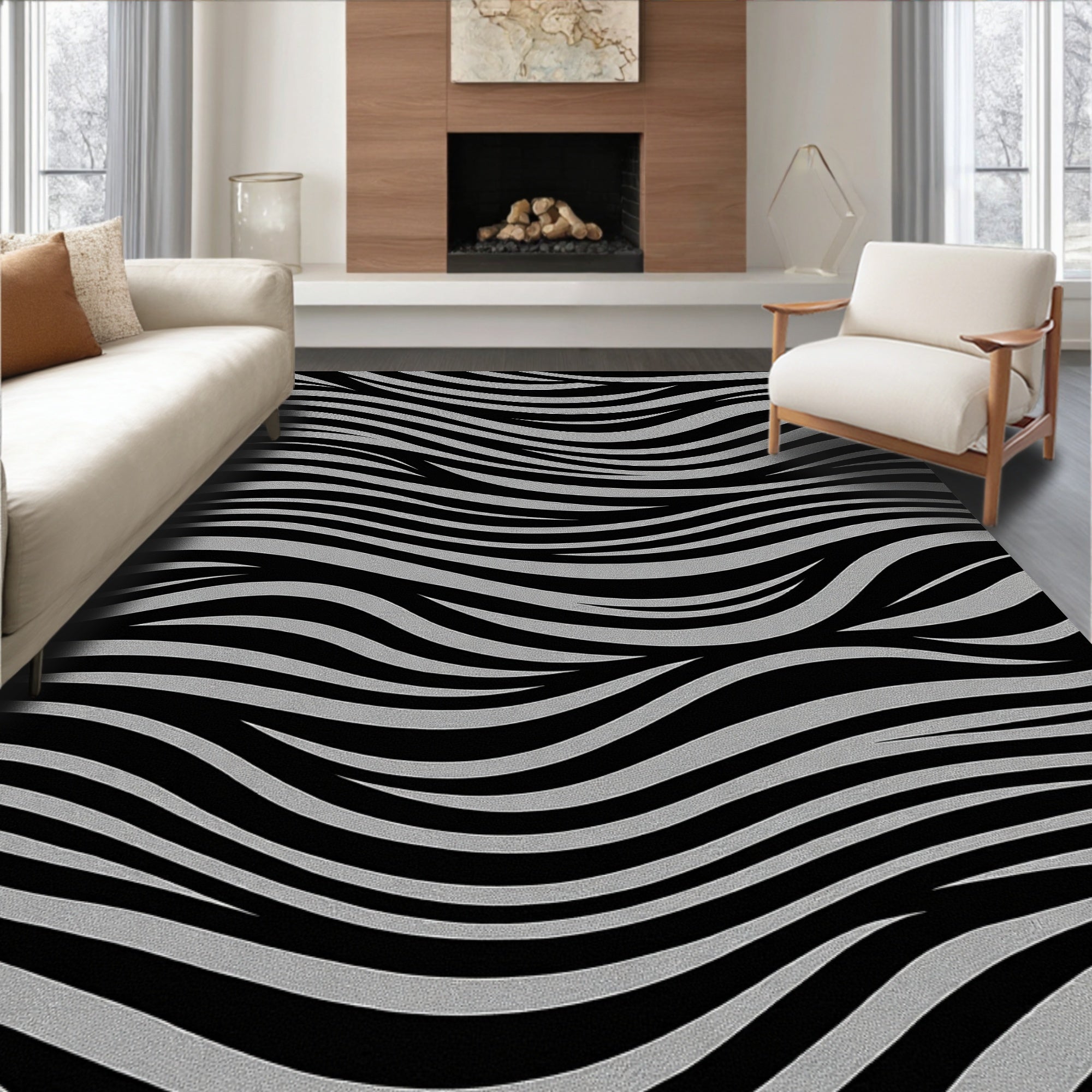 Black Gray Wavy Stripe Pattern Rug