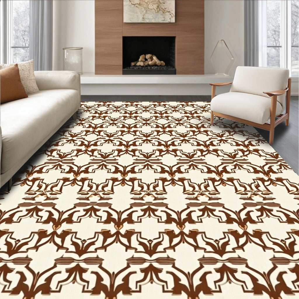 Rich Brown Abstract Geometric Swirl Pattern Rug