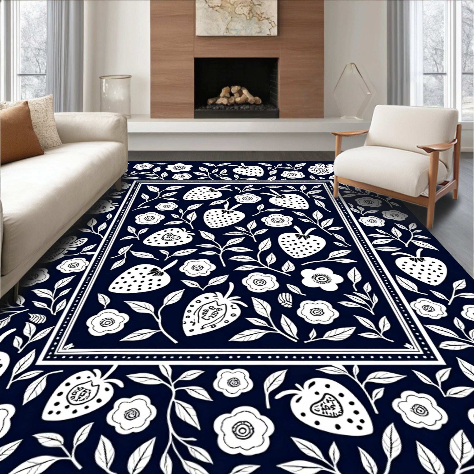 Whimsical White Strawberry Floral Pattern Rug