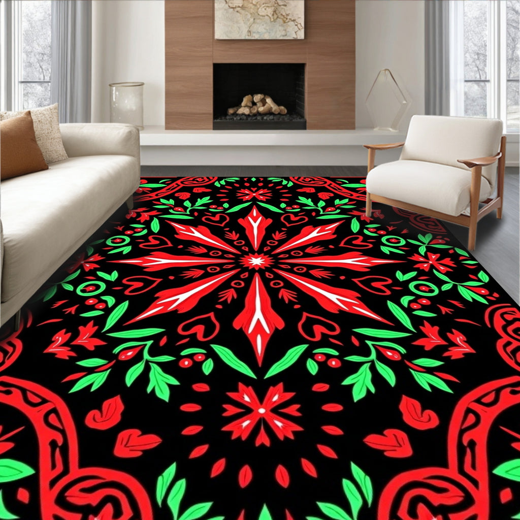Crimson Black Floral Heart Collage Rug