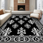 Black White Classic Floral Motif Rug