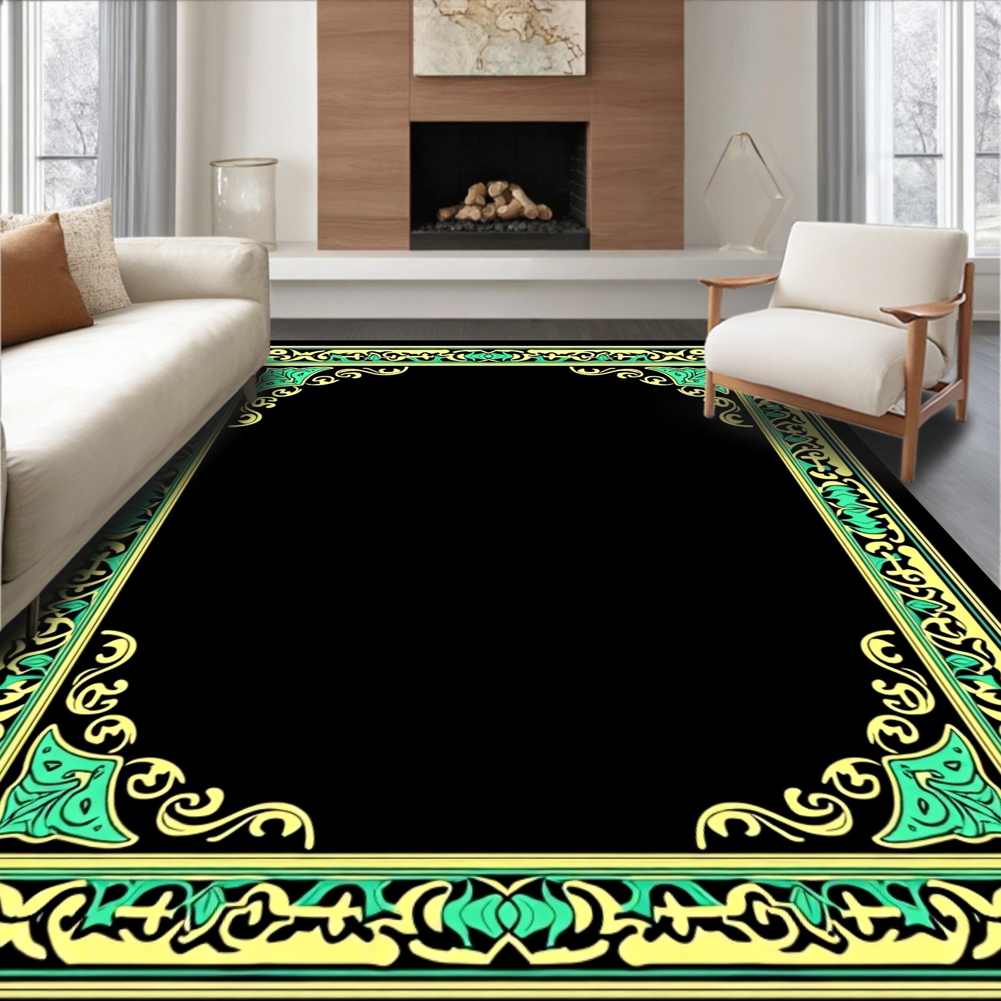 Ornate Filigree Swirls Yellow Green Design Rug