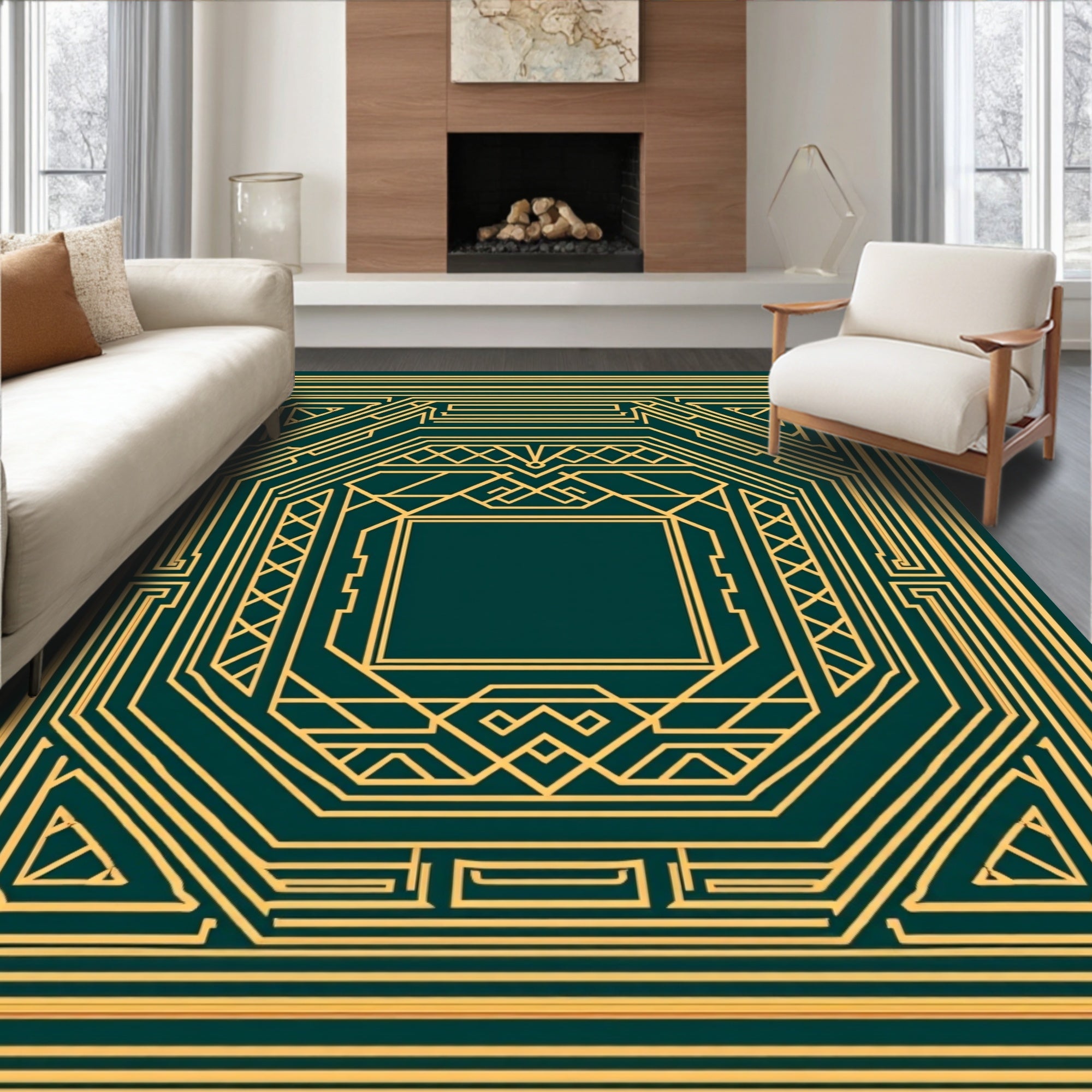 Geometric Gold Art Deco Frame Rug
