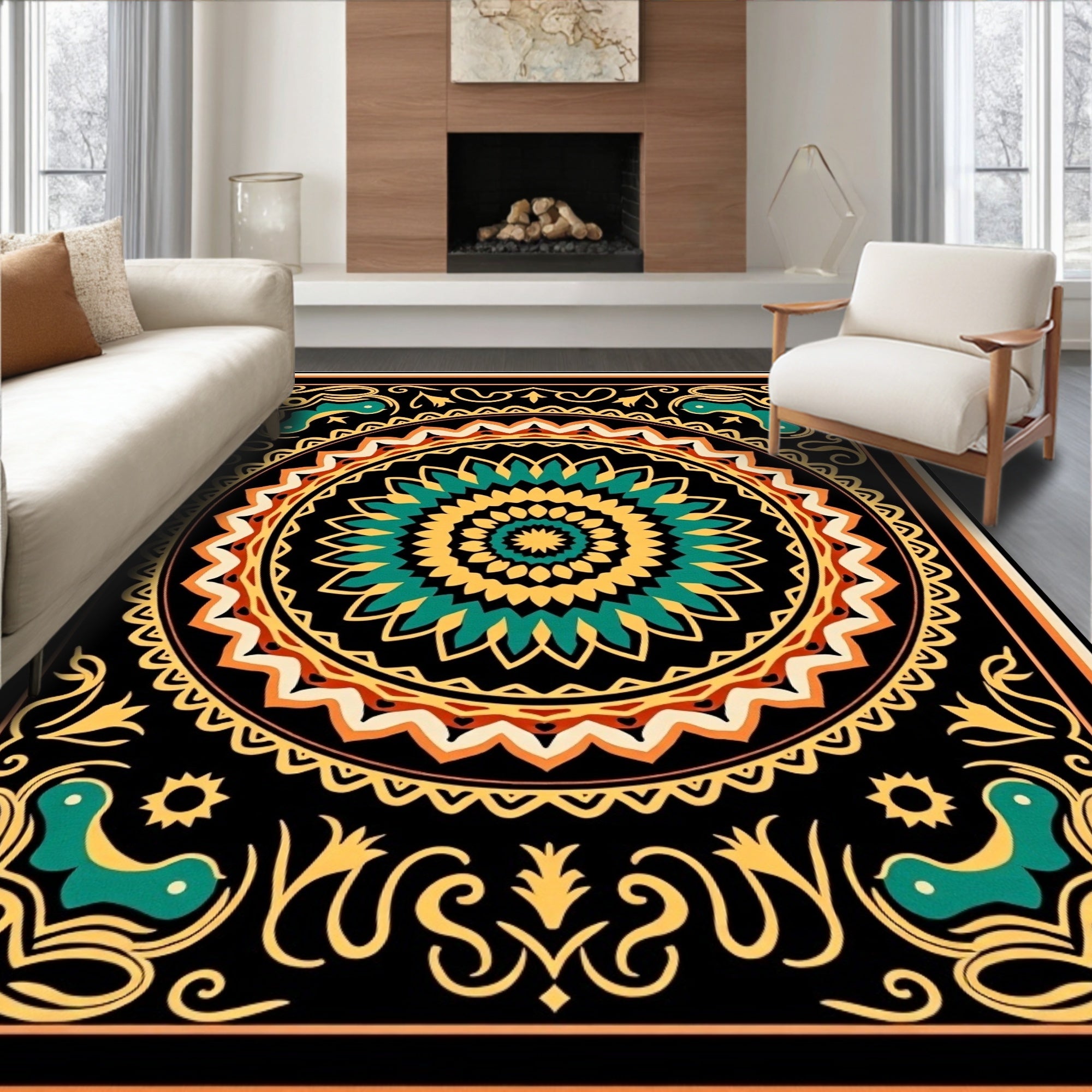 Intricate Mandala Patterned Jewel Tones Rug