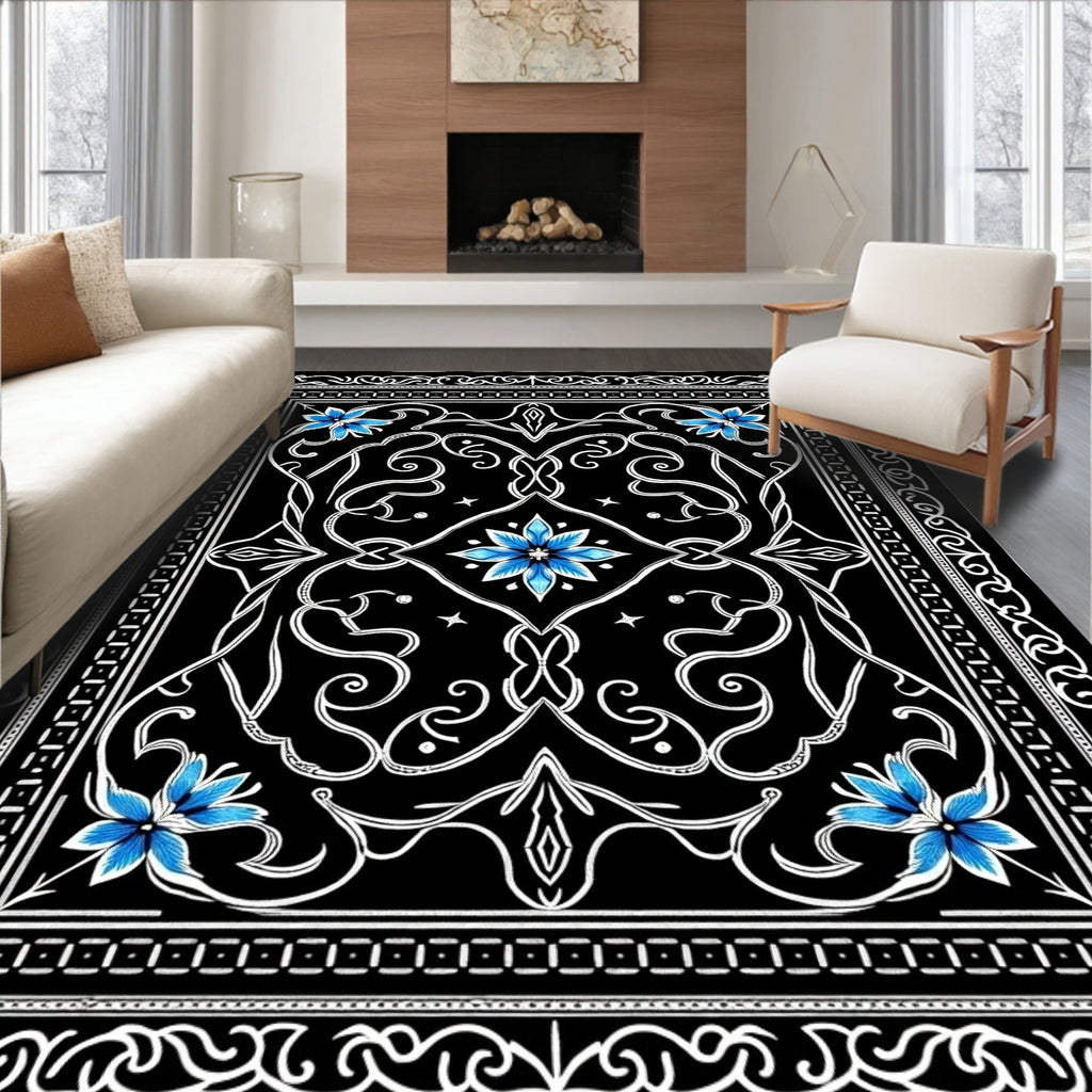 Bold Blue Flourish Floral Design Rug
