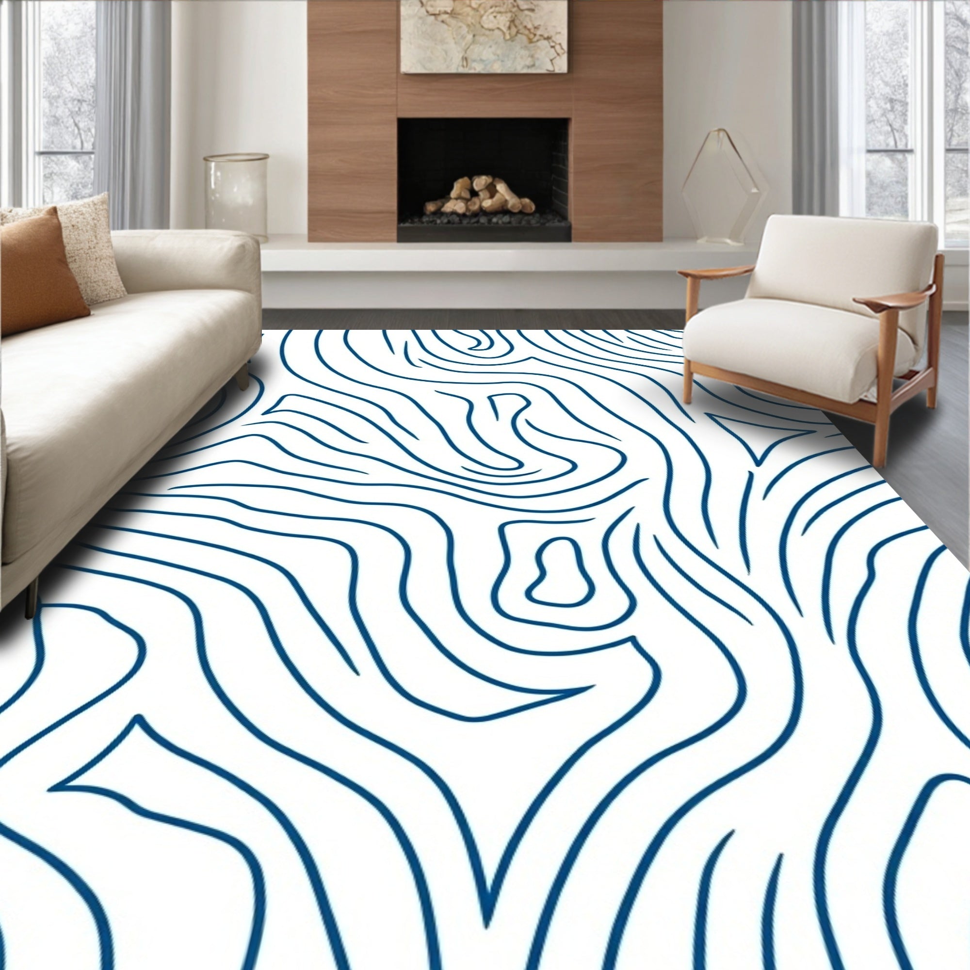 Abstract Blue Curved Line Pattern Rug