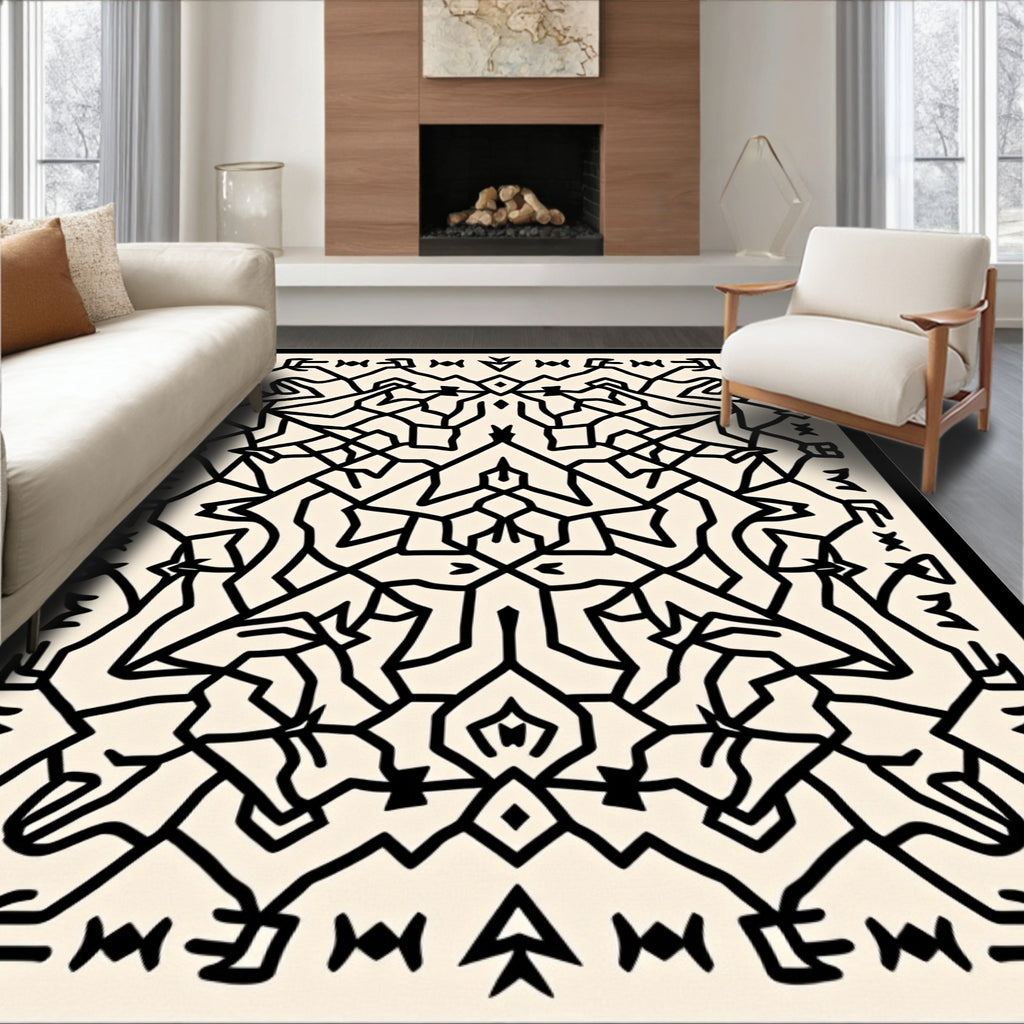 Black White Intricate Geometric Pattern Rug