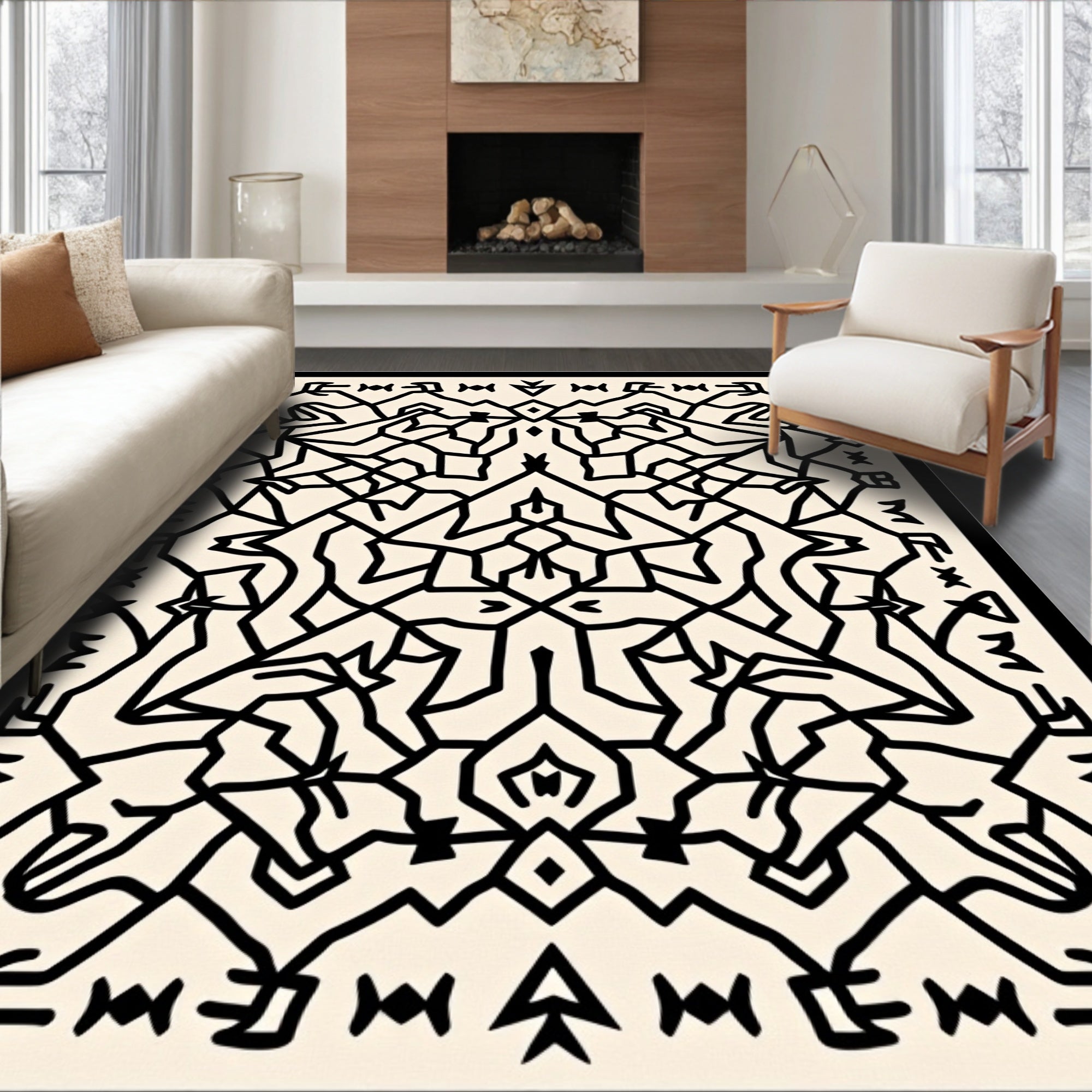 Black White Intricate Geometric Pattern Rug