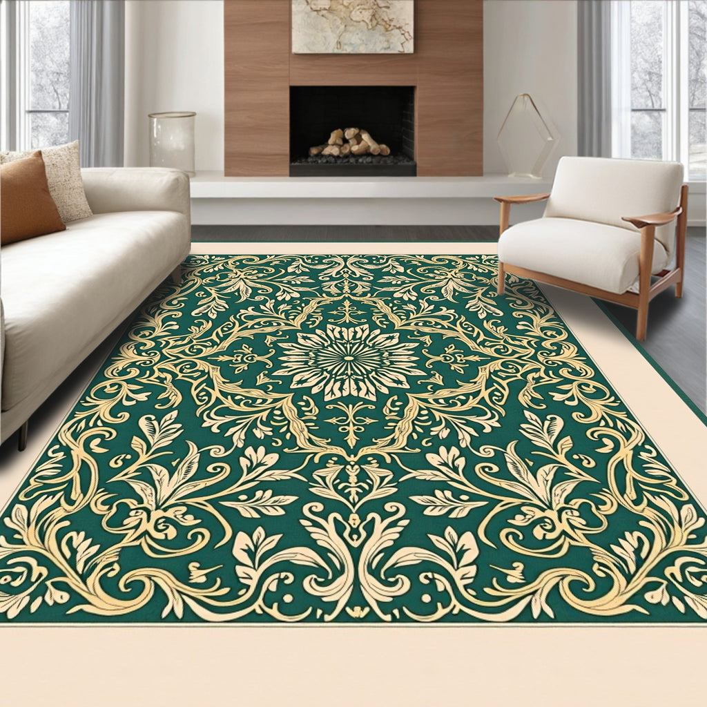 Intricate Floral Scrollwork Green Gold Rug