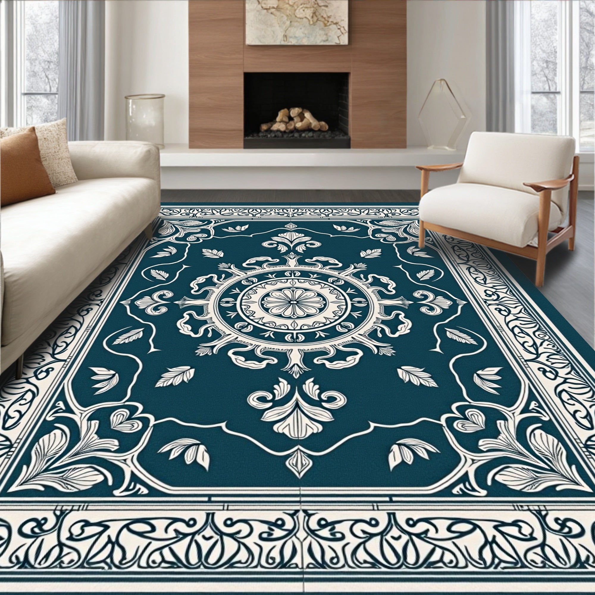 Deep Teal Ivory Intricate Floral Border Rug