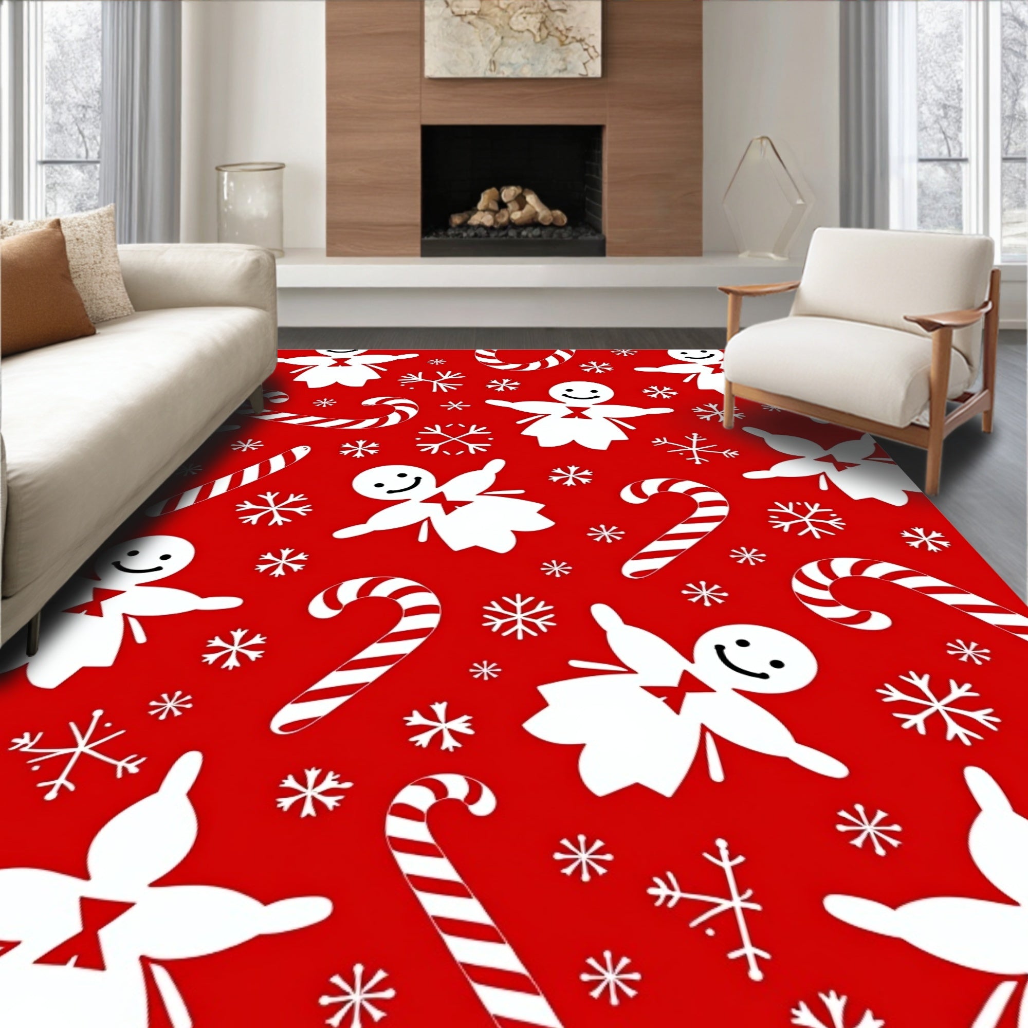 Red White Gingerbread Candy Cane Snowflakes Rug