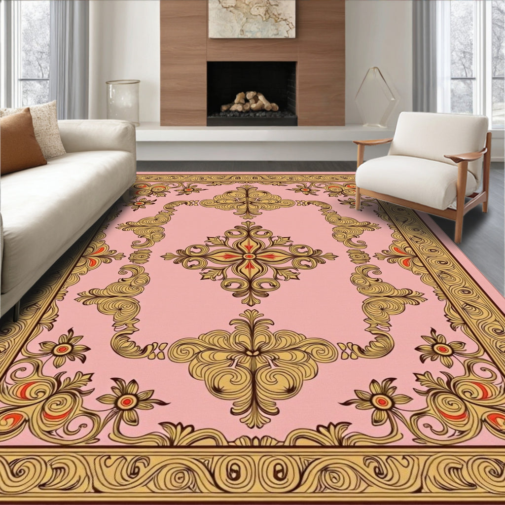 Ornate Floral Scrollwork Pink Rug