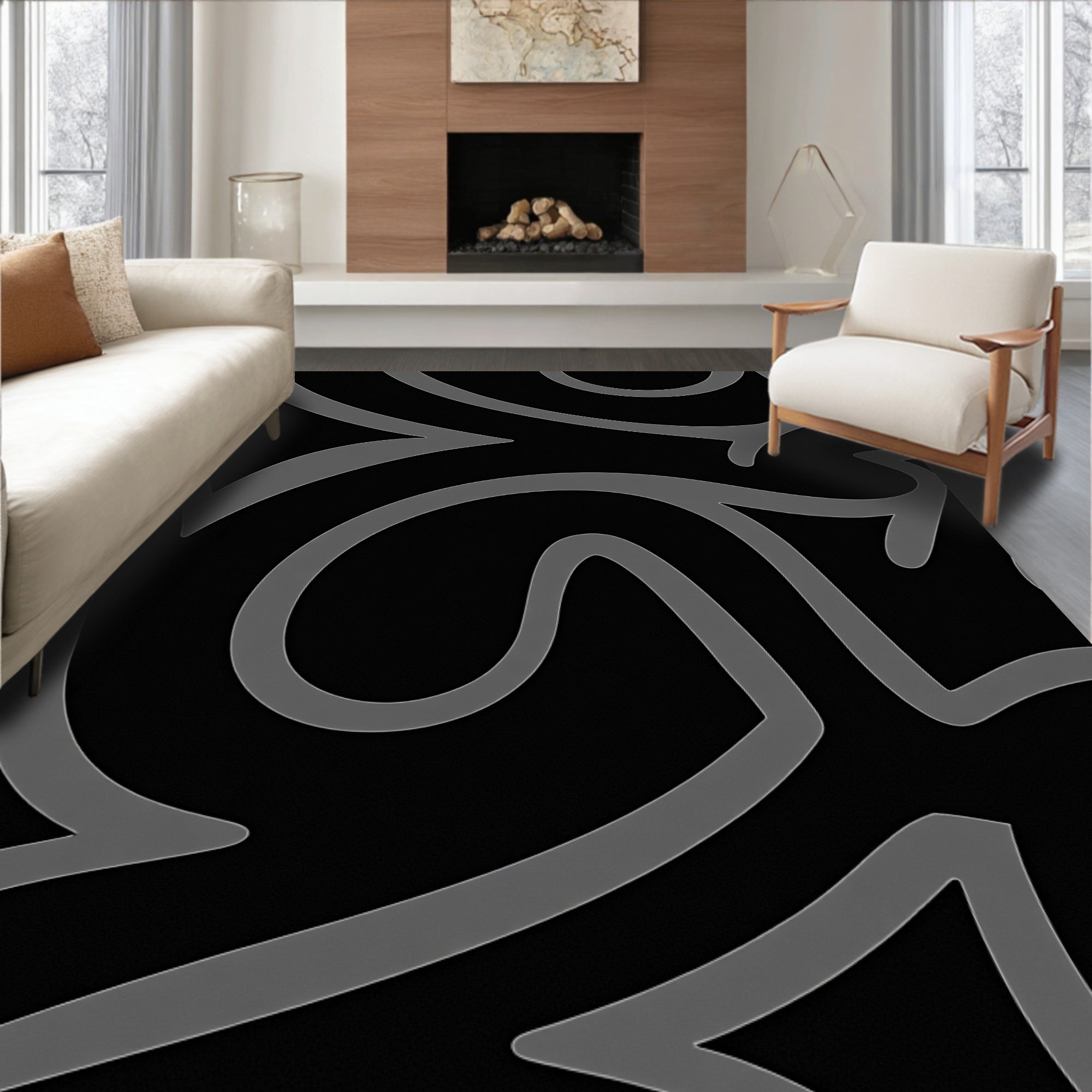 Abstract Grey Swirl Pattern Rug