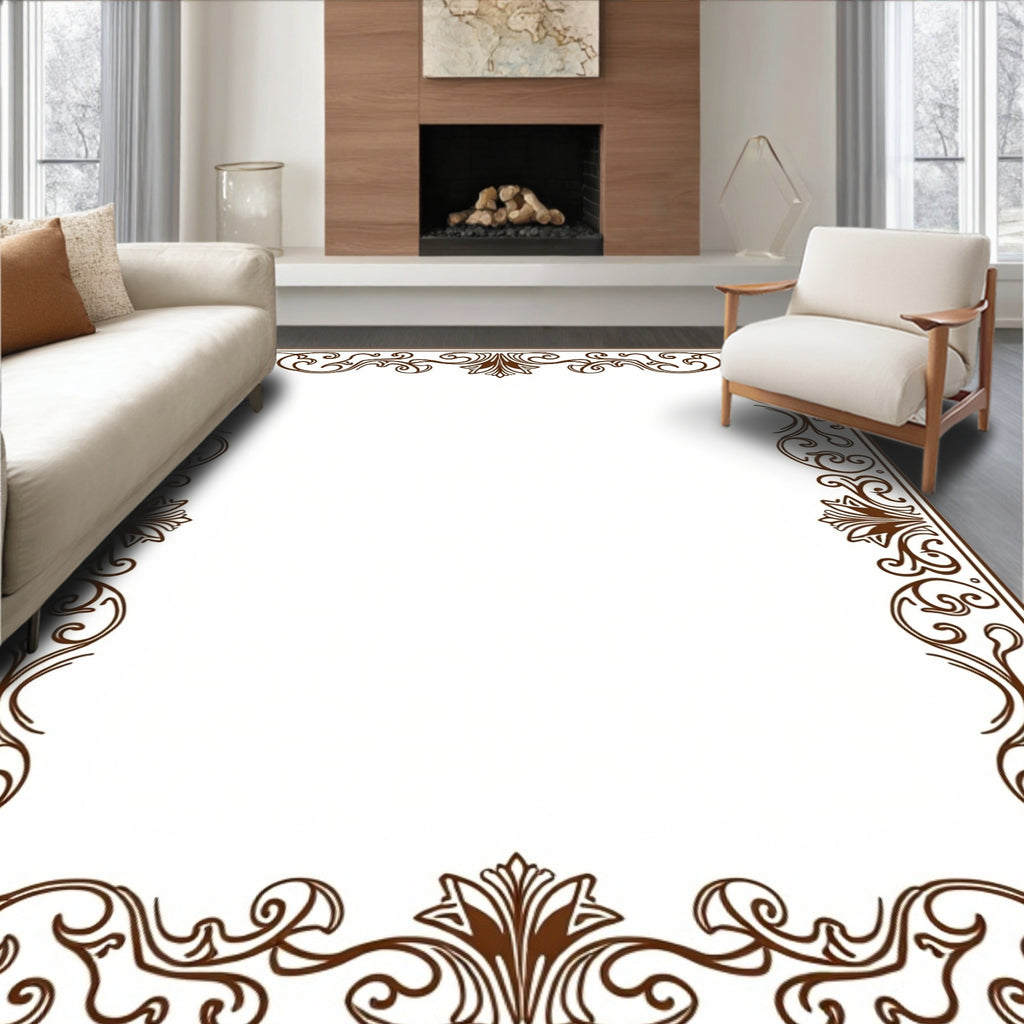 Ornate Brown Floral Scroll Border Rug