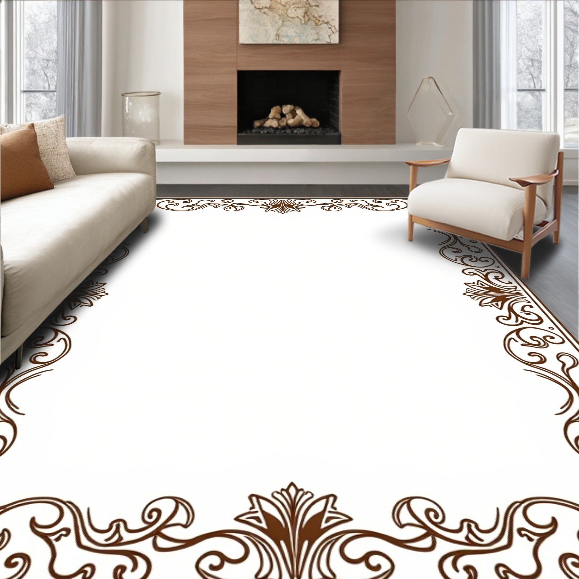 Ornate Brown Floral Scroll Border Rug