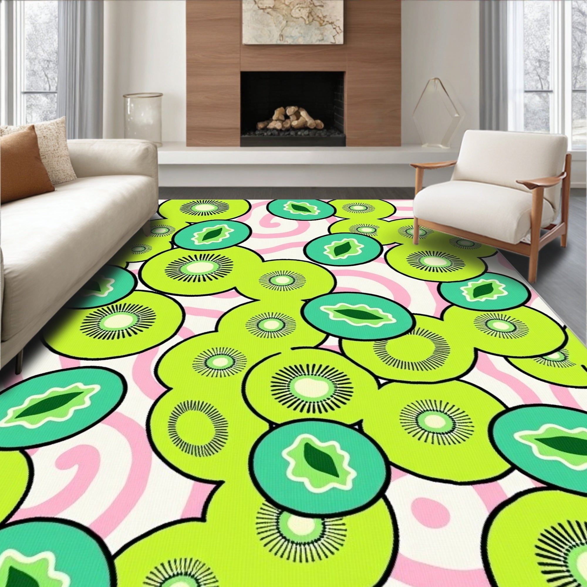 Retro Kiwi Fruit Swirl Pattern Rug