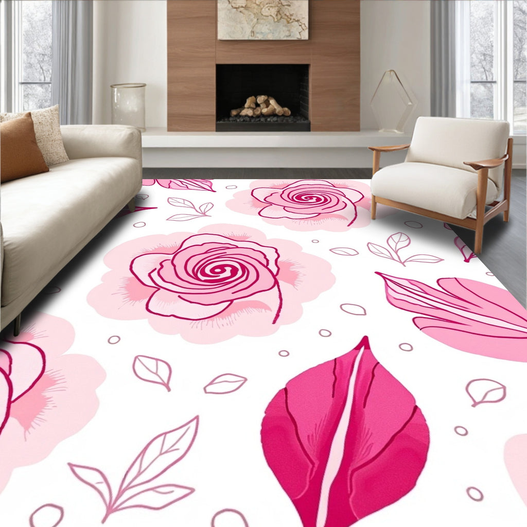 Pink Floral Outline Patterned Rug