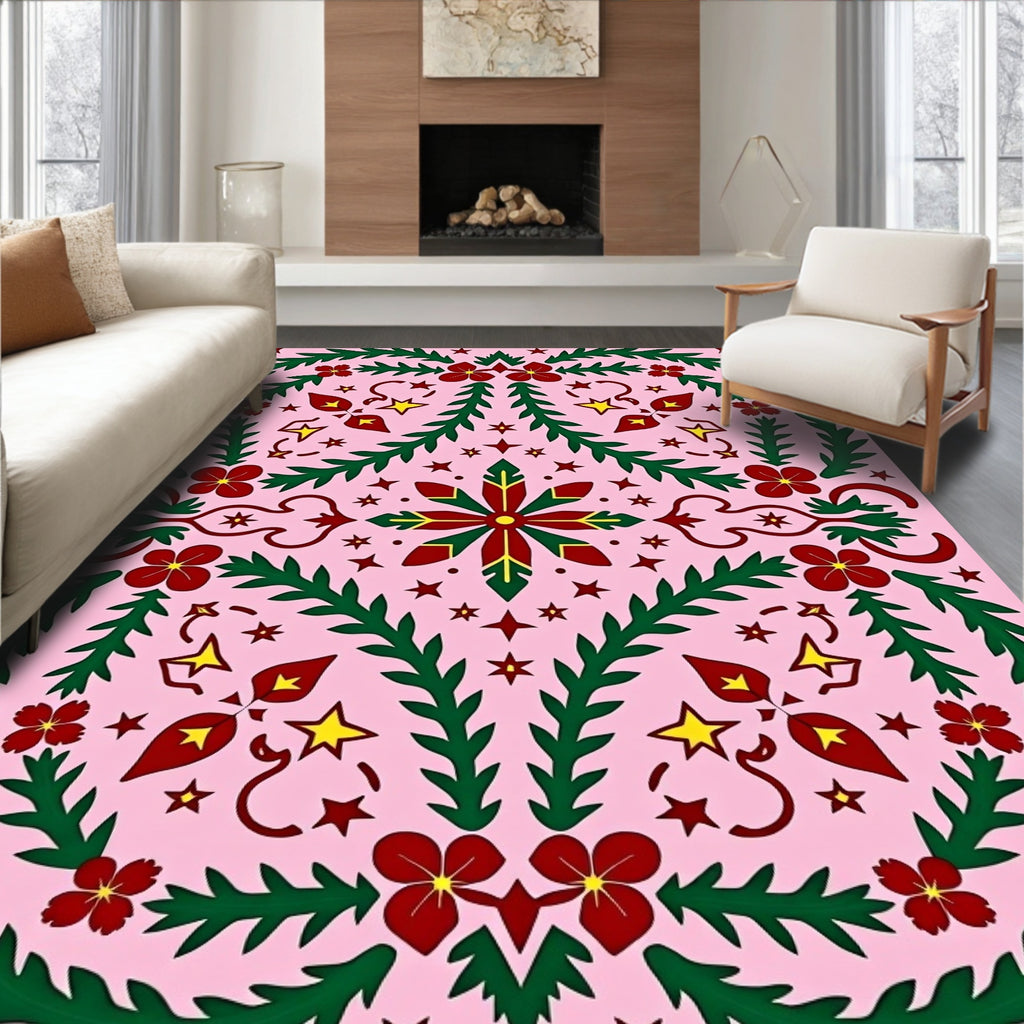 Crimson Green Floral Starburst Pink Rug