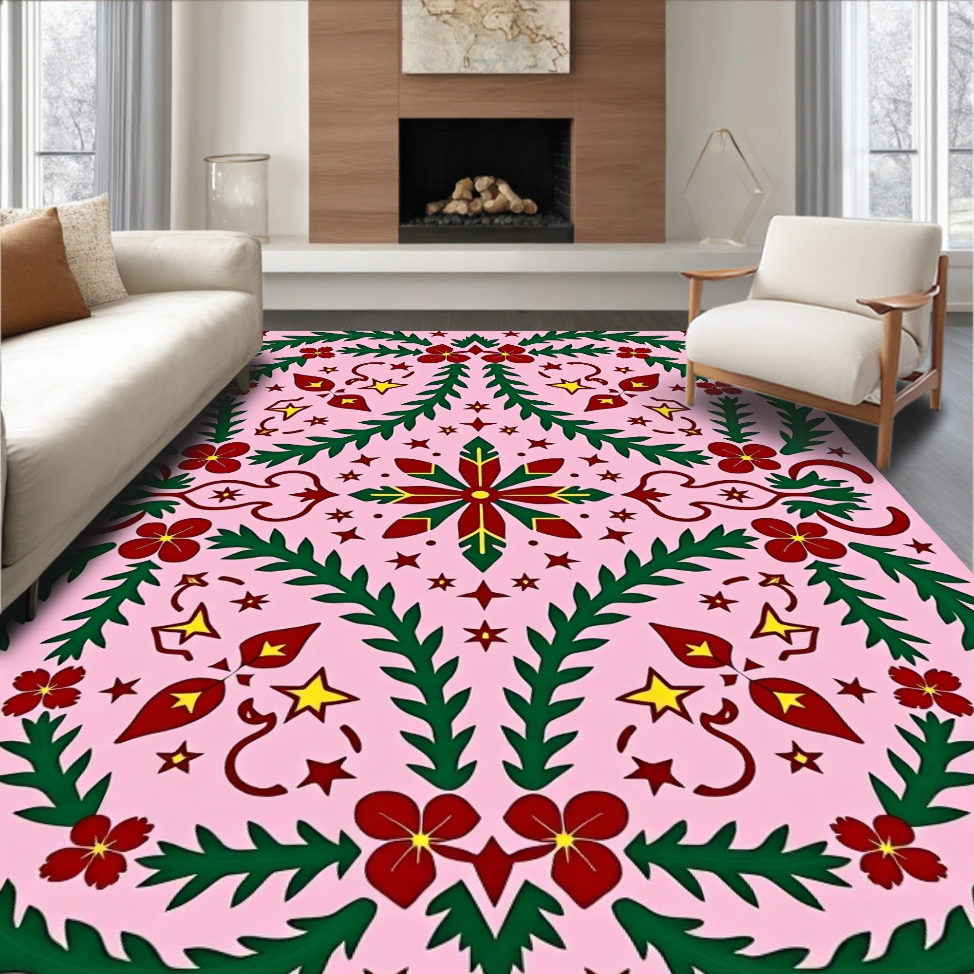 Crimson Green Floral Starburst Pink Rug
