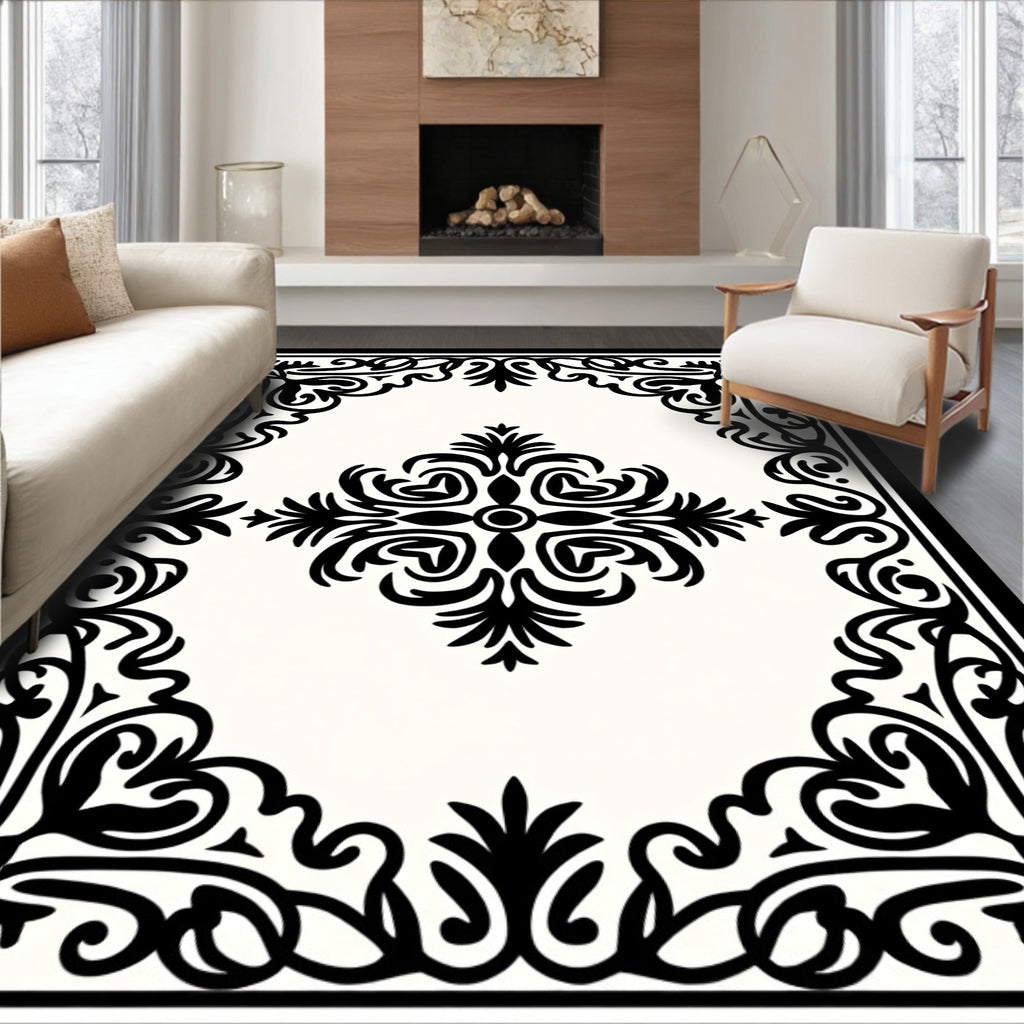 Classic Black Floral Swirl Border Rug