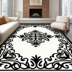 Classic Black Floral Swirl Border Rug