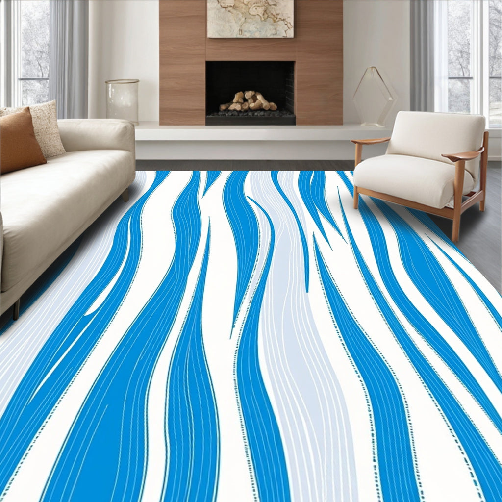 Graphic Blue White Wavy Lines Rug