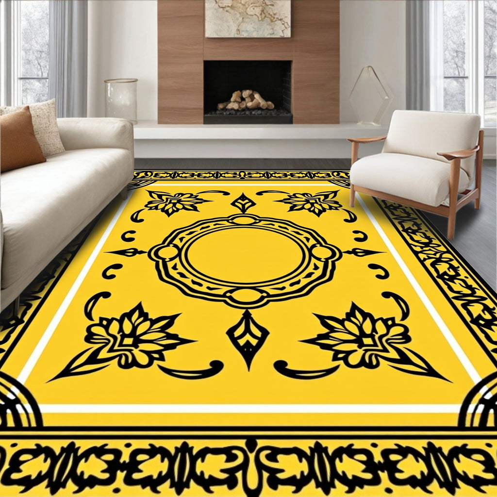 Ornate Black On Yellow Floral Pattern Rug