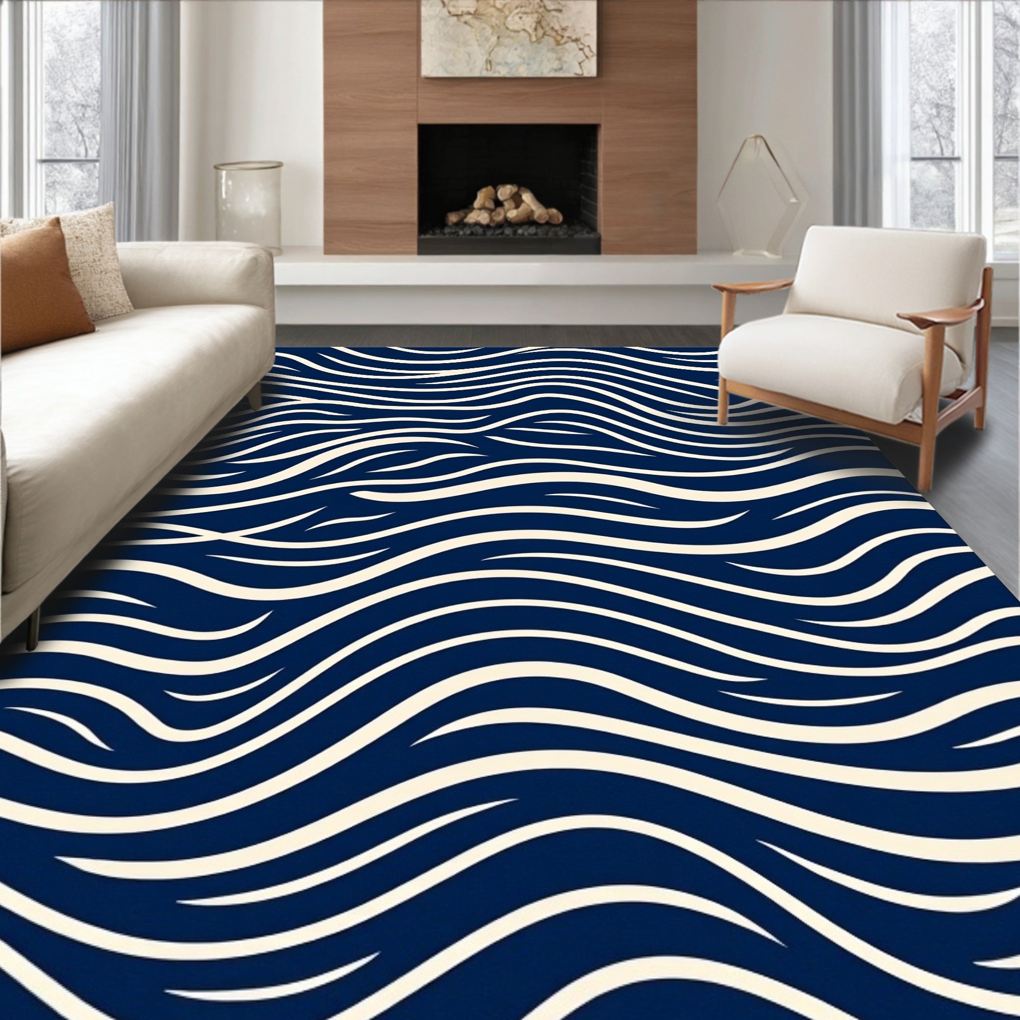 Navy And Cream Flowing Wave Pattern Rug