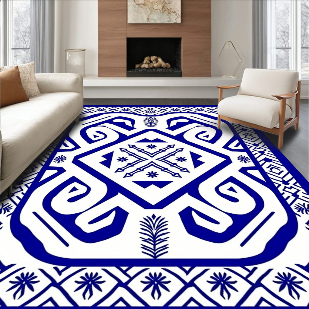 Bold Blue Geometric Floral Pattern Rug
