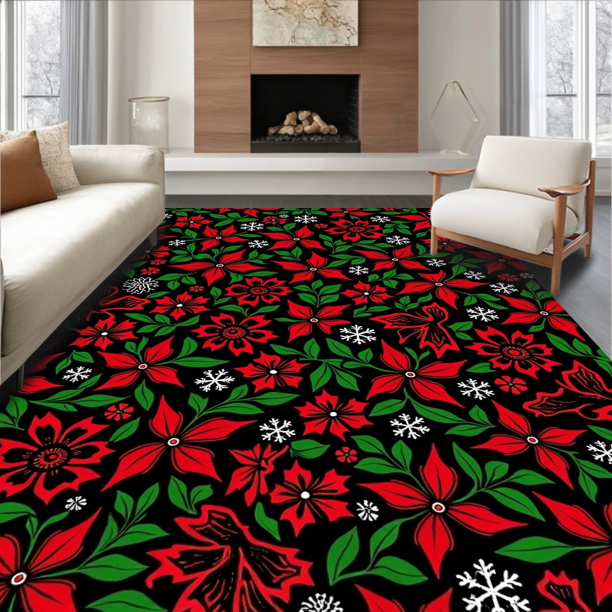 Red Green Poinsettia Snowflake Blooms Rug