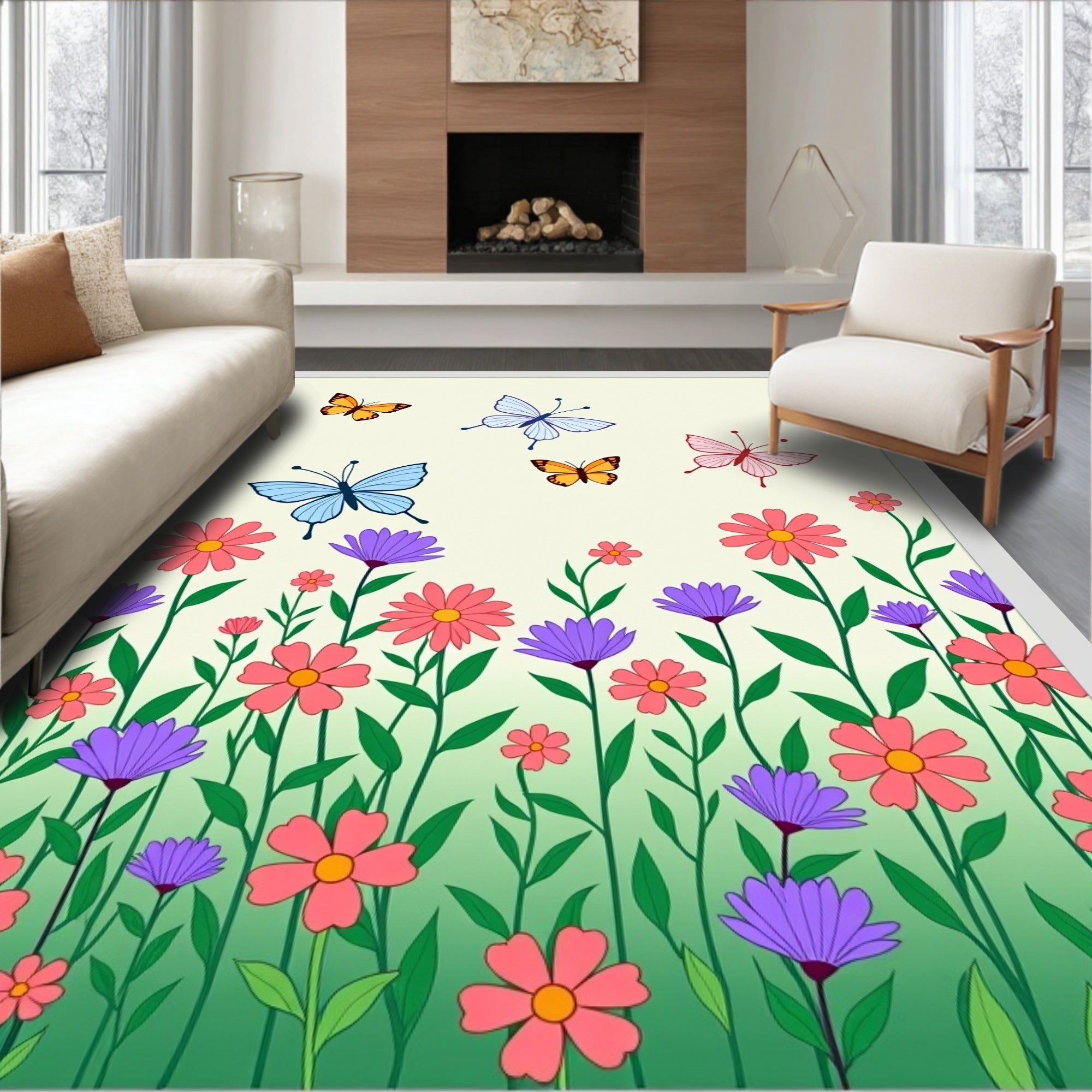 Garden Butterfly Flower Pattern Rug