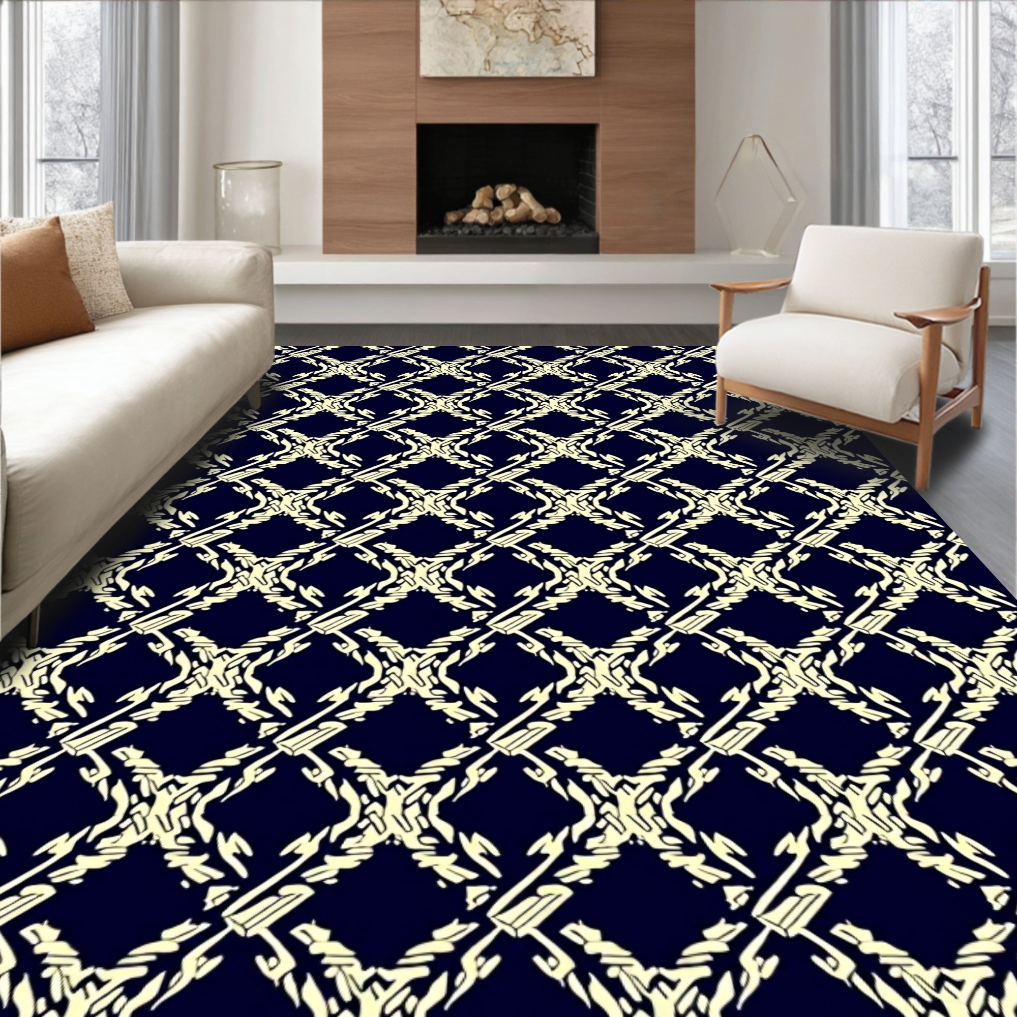Elegant Cream Lattice Diamond Pattern Rug