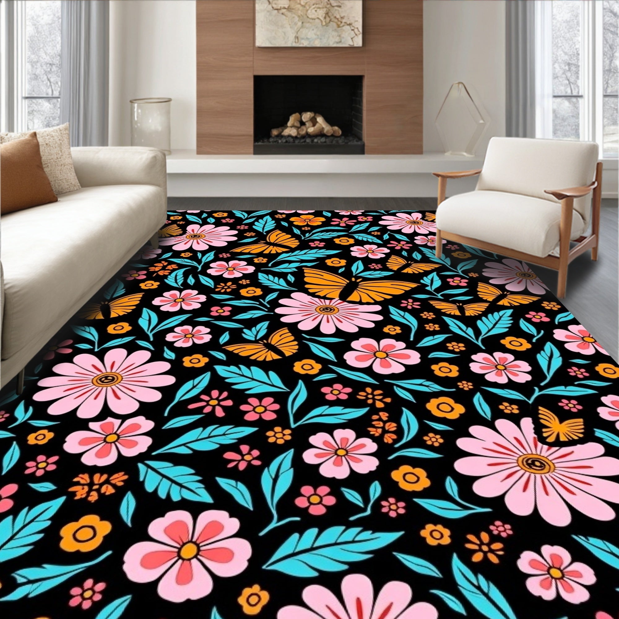 Vibrant Butterfly Flower Pattern Rug