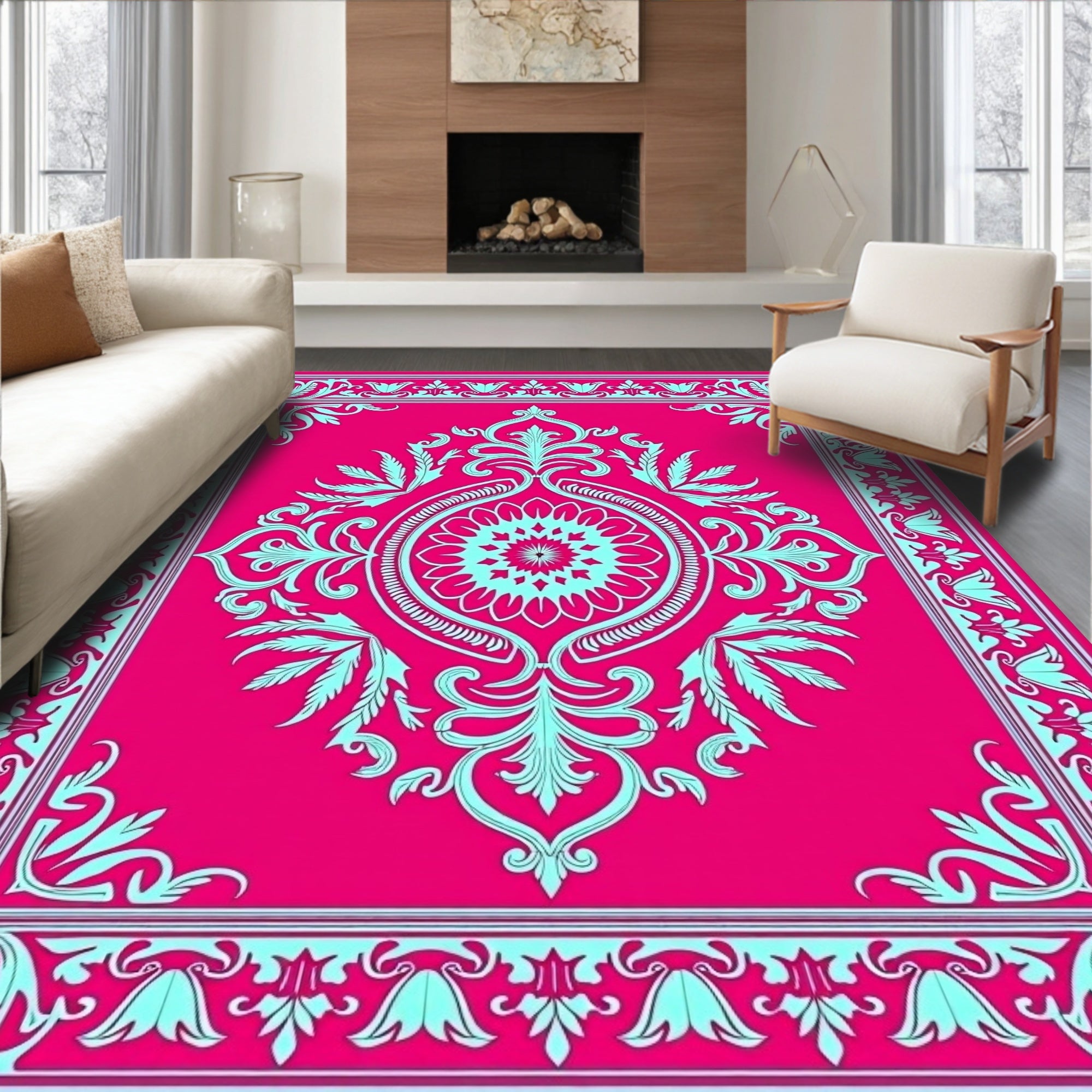 Vibrant Floral Scroll Pattern Rug