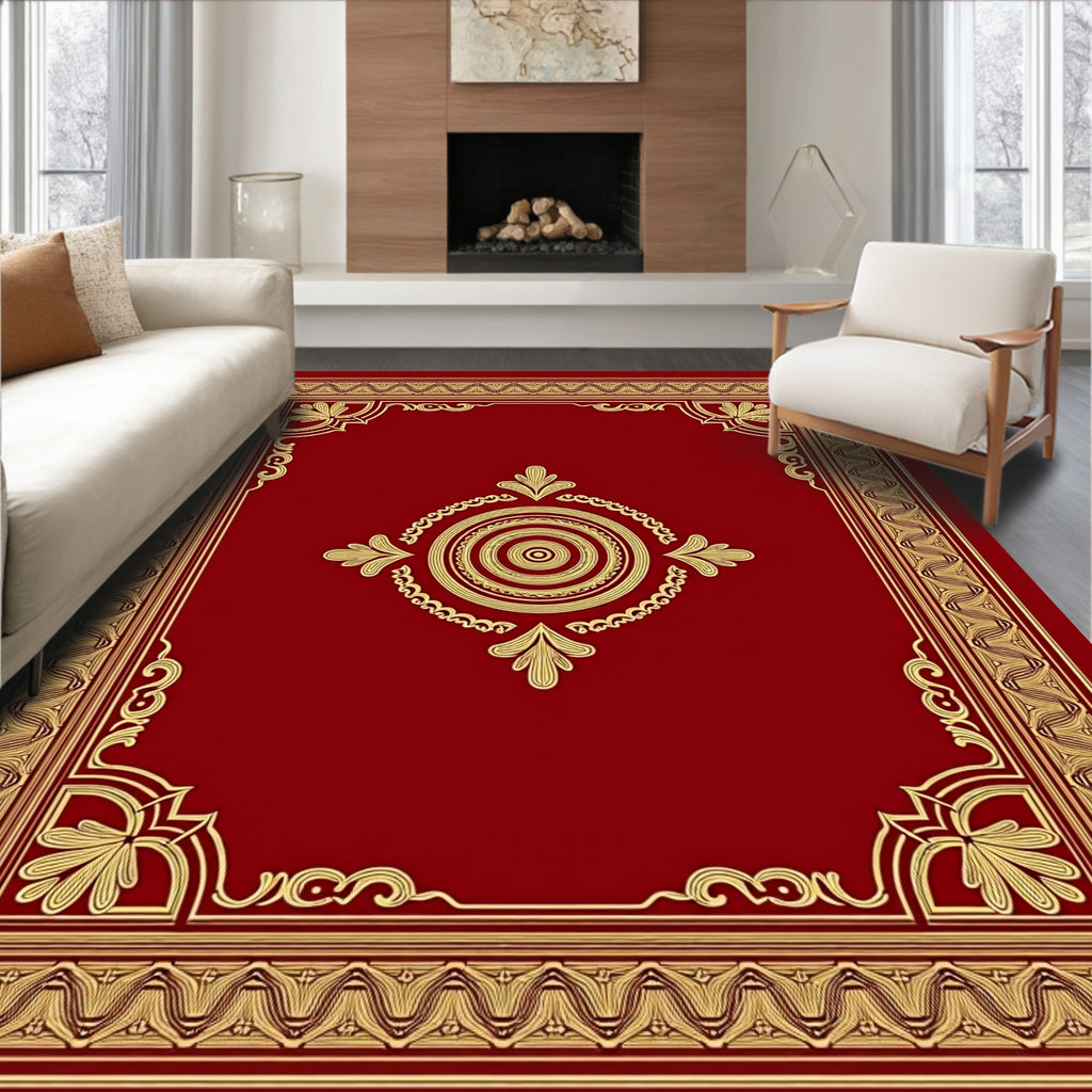 Ornate Red Gold Floral Centerpiece Rug
