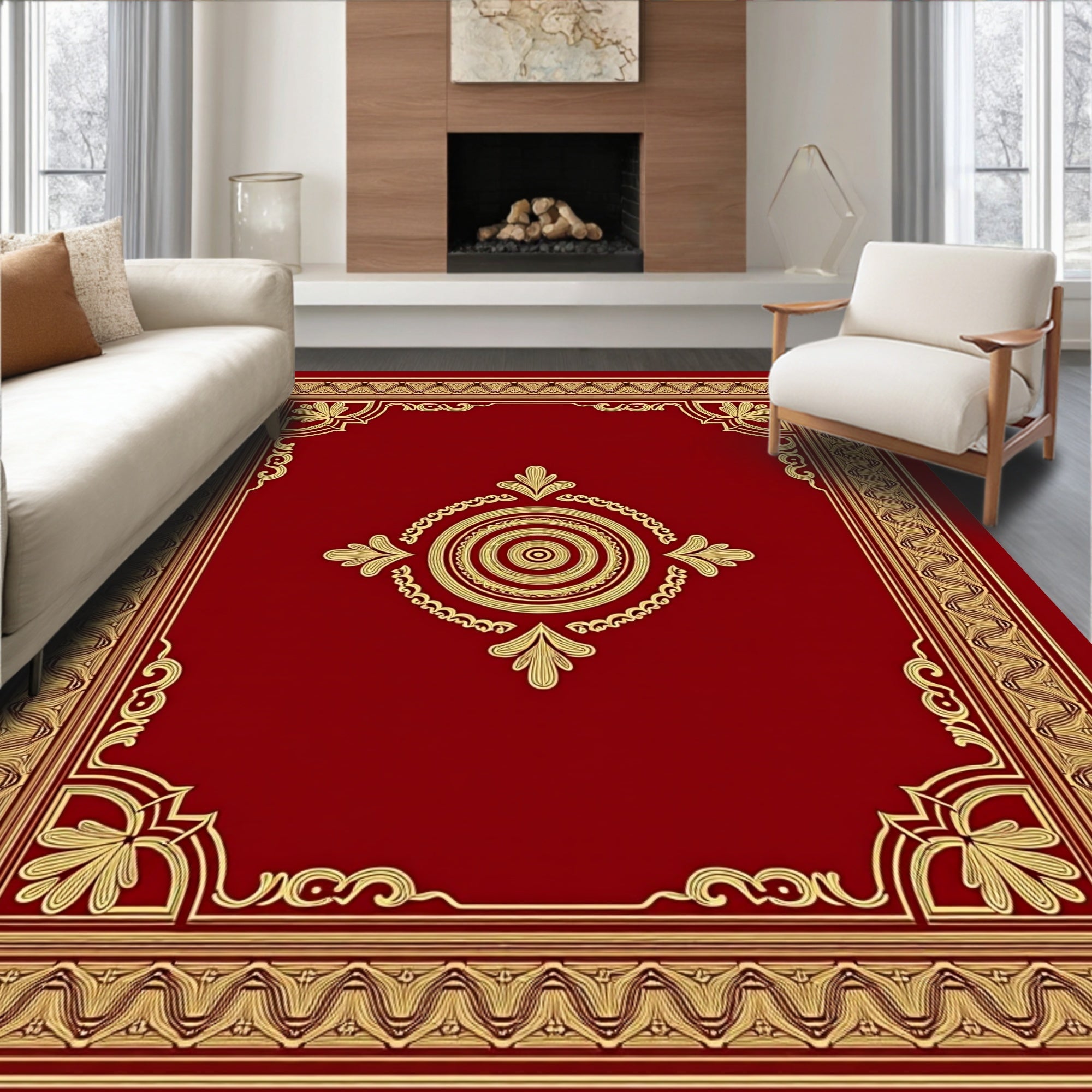 Ornate Red Gold Floral Centerpiece Rug