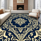 Elegant Cream Navy Ornate Pattern Rug