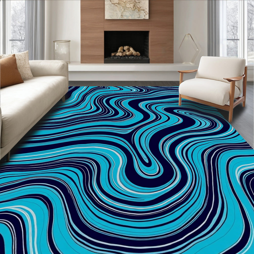 Abstract Blue Wavy Lines Pattern Rug